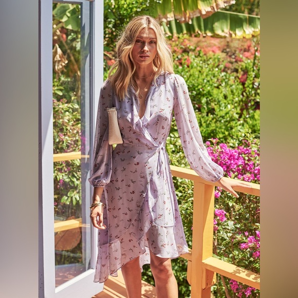 Sugar Lips Love Bird Lavender Floral Print Midi Wrap Dress - Small - Picture 9 of 15